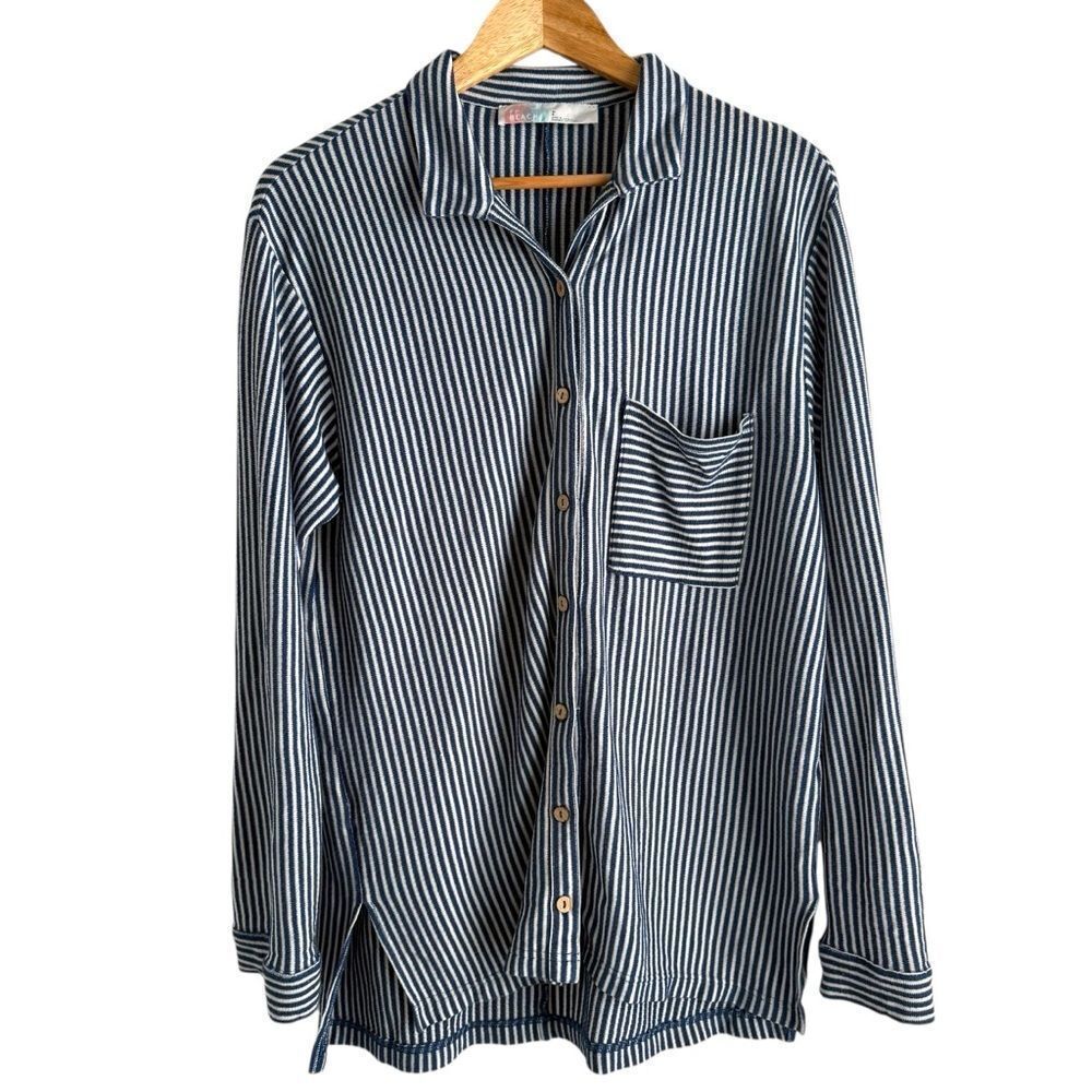 Free People Beach Blue and White Striped Jersey Knit Long Sleeve Shirt